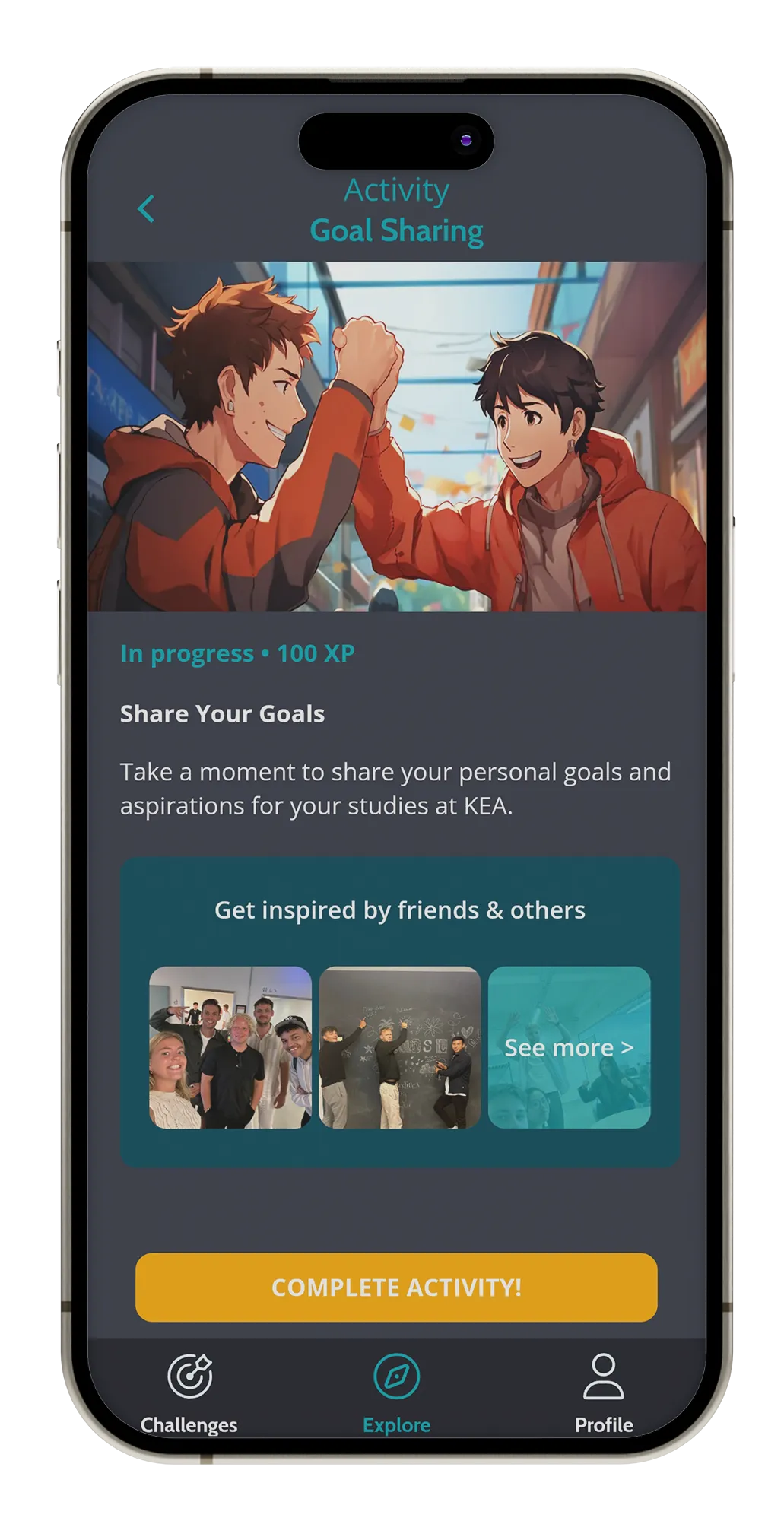 Screenshot of the Goal Sharing challenge on the Social Vibes app, featuring animated characters and options to share goals while completing the activity.