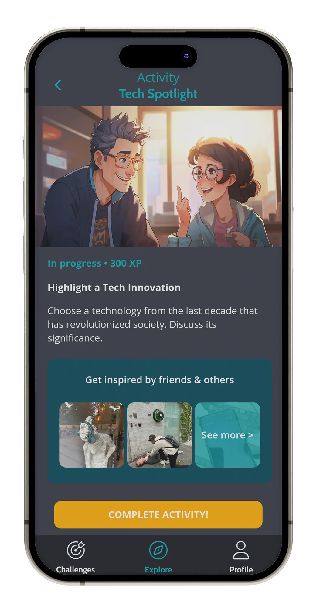 Screenshot of the Tech Spotlight challenge on the Social Vibes app, highlighting a tech innovation from the last decade with an interactive option to complete the activity.