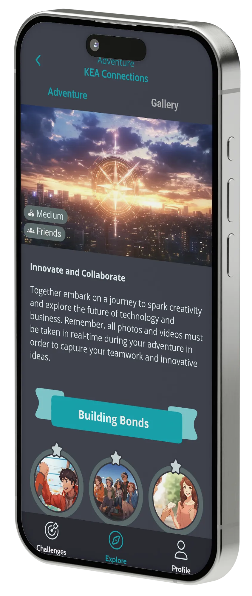 Screenshot of the KEA Connections adventure on the Social Vibes app, showing the introduction and overview of the challenges under the Building Bonds section.