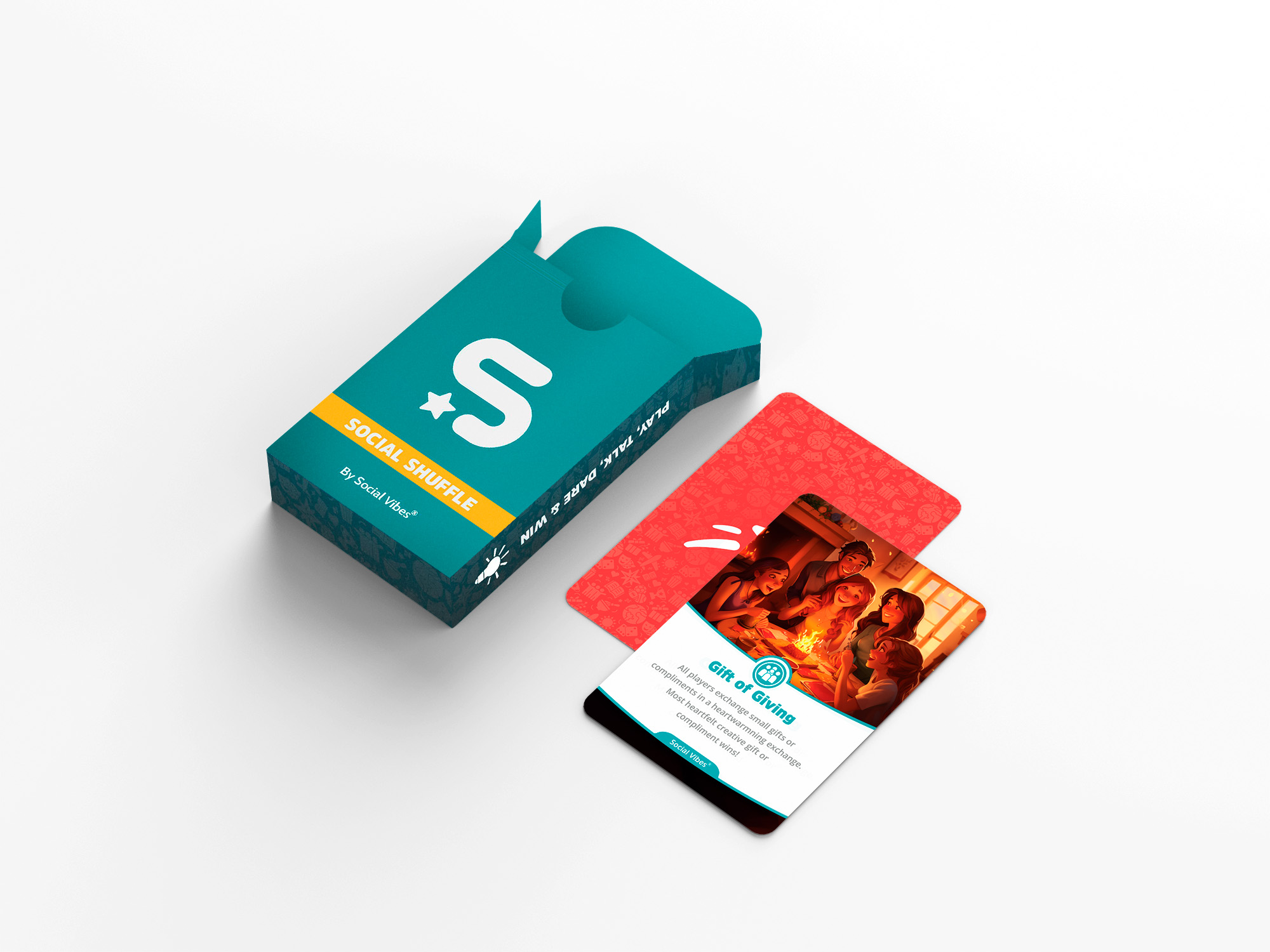 image of the social shuffle card deck box, plus two cards with the season card facing down