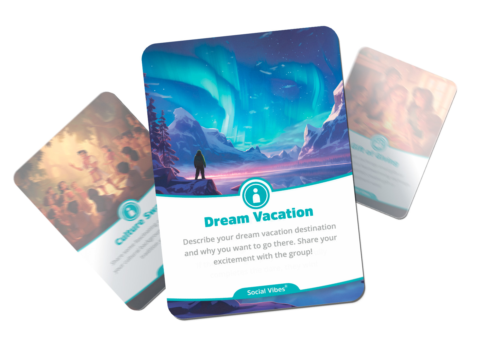 social shuffle card dream vacation facing upwrads with two other social shuffle cards from the same deck